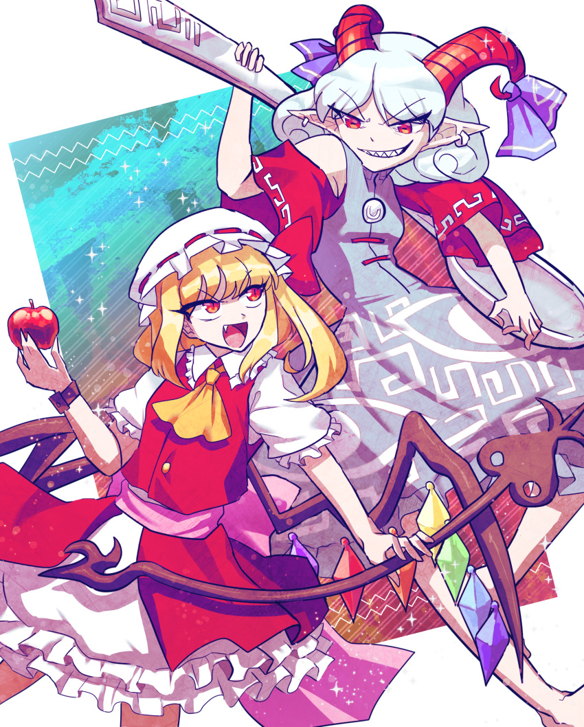 &gt;:) apple ascot blonde_hair blue_hair bow bracelet collared_shirt crystal curly_hair detached_sleeves dress earrings eye_print fang flandre_scarlet food frilled_shirt_collar frilled_skirt frilled_sleeves frills fruit goat_horns highres holding holding_weapon horn_bow horn_ornament horns jewelry laevatein_(touhou) looking_at_another meandros nova_(artist) open_mouth pointy_ears red_apple red_eyes sharp_teeth shirt short_sleeves skirt spoon teeth touhou touhou_gouyoku_ibun toutetsu_yuuma v-shaped_eyebrows vest weapon wings