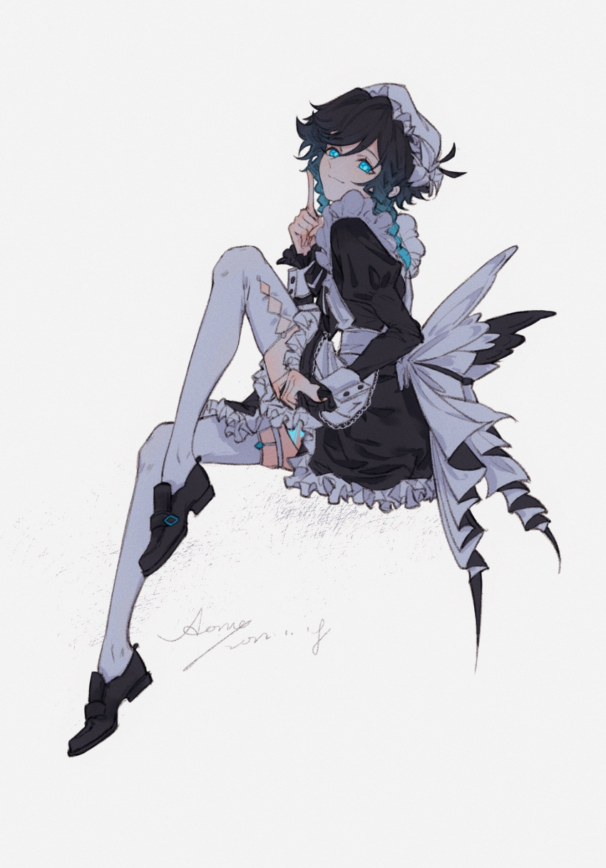 1boy alternate_costume androgynous aomaxuanzexuexi apron aqua_eyes aqua_hair artist_name back_bow bangs beret black_dress black_footwear black_hair bow braid chinese_commentary closed_mouth commentary_request crossdressing dated dress enmaided eyelashes flower frilled_apron frilled_dress frills full_body genshin_impact gradient_hair hair_between_eyes hair_flower hair_ornament hand_up hat highres index_finger_raised invisible_chair juliet_sleeves knee_up leg_up long_sleeves looking_at_viewer looking_to_the_side maid maid_apron male_focus medium_hair multicolored_hair puffy_sleeves shoes side_braids sidelocks signature sitting sleeve_cuffs smile solo swept_bangs thigh-highs twin_braids venti_(genshin_impact) white_apron white_background white_bow white_flower white_headwear white_thighhighs