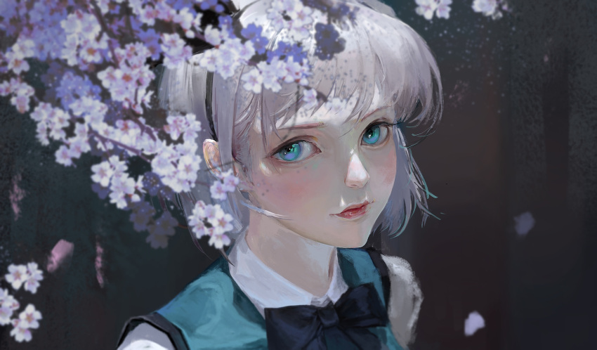 1girl aqua_eyes aqua_vest black_bow black_bowtie black_hairband blush bow bowtie cherry_blossoms chinese_commentary closed_mouth commentary_request flower grey_hair hairband highres impasto konpaku_youmu lingear lips looking_at_viewer pink_flower portrait realistic shirt short_hair solo touhou white_shirt