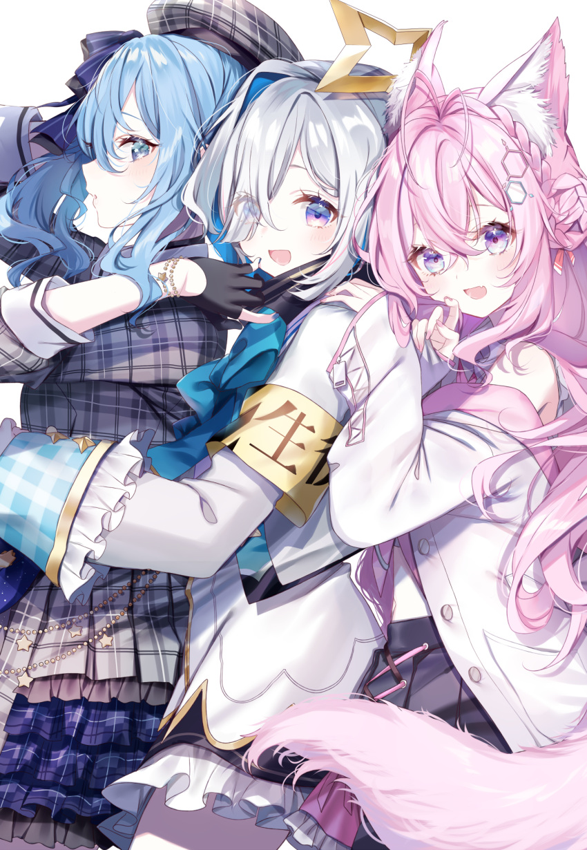 3girls :d amane_kanata animal_ear_fluff antenna_hair beret black_gloves blue_eyes blue_hair blush bracelet commentary_request coyote_ears coyote_girl coyote_tail eyes_visible_through_hair fingerless_gloves gloves grey_hair hair_between_eyes hair_ornament hair_over_one_eye hakui_koyori halo hat highres hololive hoshimachi_suisei jewelry labcoat long_hair looking_at_viewer misumi_(macaroni) multiple_girls pink_hair plaid plaid_headwear shiny shiny_hair short_hair simple_background smile star_(symbol) violet_eyes virtual_youtuber white_background