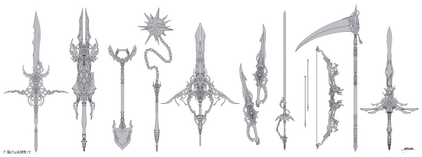 absurdres annotation_request aosuna arrow_(projectile) artist_name bow_(weapon) check_weapon commentary flail greyscale highres monochrome no_humans original partially_annotated polearm rapier short_sword shovel sickle signature sword translated weapon weapon_request