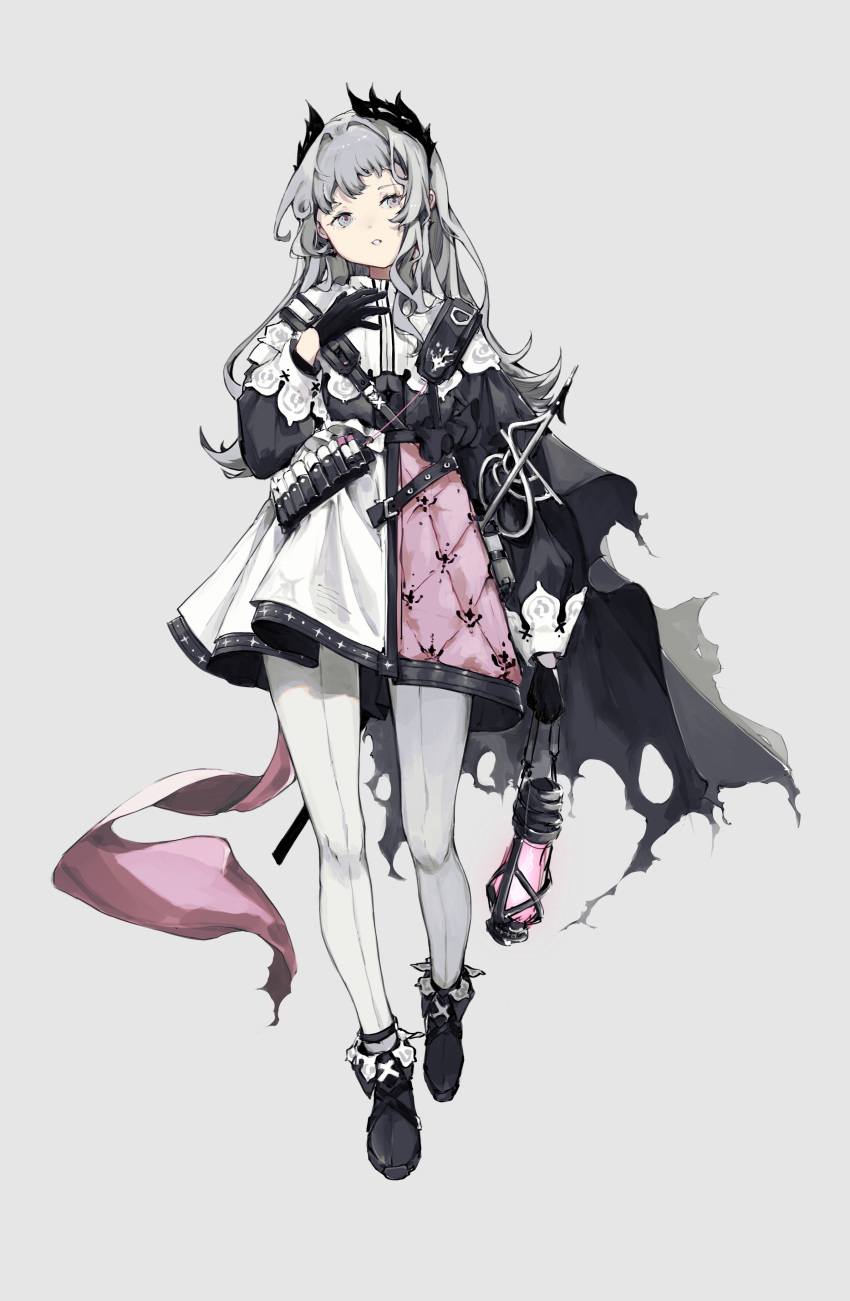 1girl absurdres arknights black_footwear black_gloves black_jacket capelet commentary_request full_body gloves grey_background grey_eyes grey_hair hand_up head_tilt highres holding holding_lantern irene_(arknights) jacket lantern long_hair long_sleeves looking_at_viewer mio1914 pantyhose parted_lips pleated_skirt puffy_long_sleeves puffy_sleeves shoes simple_background skirt solo standing very_long_hair white_capelet white_pantyhose white_skirt