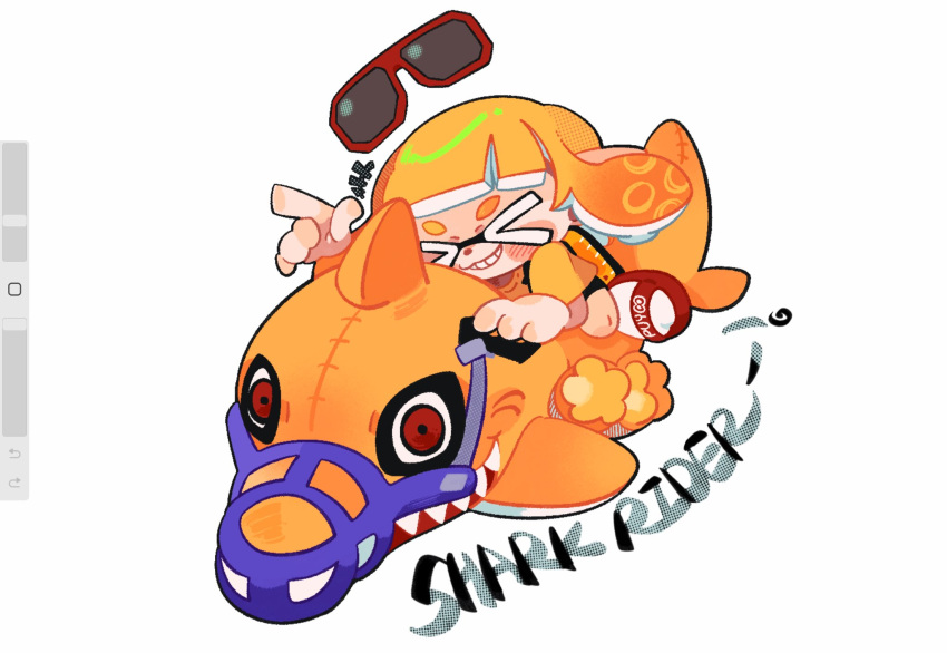 &gt;_&lt; +++ 1girl bangs blunt_bangs chibi closed_eyes flip-flops grin highres inflatable_shark inflatable_toy ink_tank_(splatoon) inkling inkling_girl medium_hair muzzle orange_hair orange_shirt pointy_ears red-framed_eyewear red_footwear reefslider_(splatoon) riding sandals shirt short_sleeves simple_background smile solo splatoon_(series) splatoon_3 suction_cups sunglasses t-shirt tentacle_hair uracata white_background