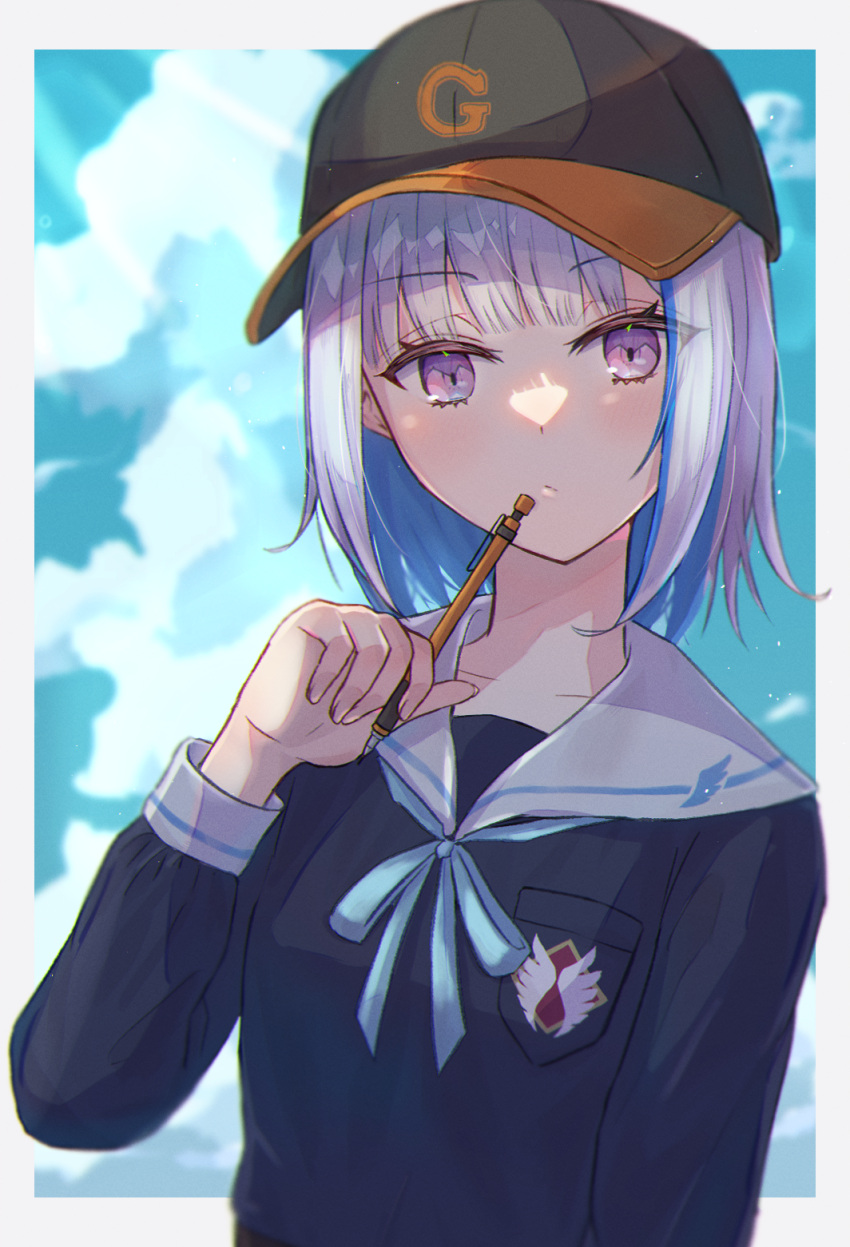 1girl baseball_cap black_headwear black_shirt blue_hair blue_ribbon border breast_pocket closed_mouth collarbone collared_shirt colored_inner_hair grey_border hat highres holding holding_pen lize_helesta lobognese long_sleeves looking_at_viewer multicolored_hair neck_ribbon nijisanji outside_border pen pocket ribbon sailor_collar sailor_shirt shirt solo two-tone_hair upper_body violet_eyes virtual_youtuber white_hair white_sailor_collar