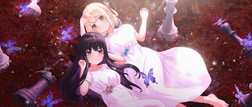 2girls absurdres barefoot black_hair blonde_hair breasts chess_piece closed_mouth collarbone dress edgar_syu field flower flower_field hair_ornament highres inoue_takina long_hair looking_at_viewer lycoris_recoil lying medium_breasts multiple_girls nishikigi_chisato puffy_short_sleeves puffy_sleeves short_hair short_sleeves smile spider_lily violet_eyes white_dress yellow_eyes