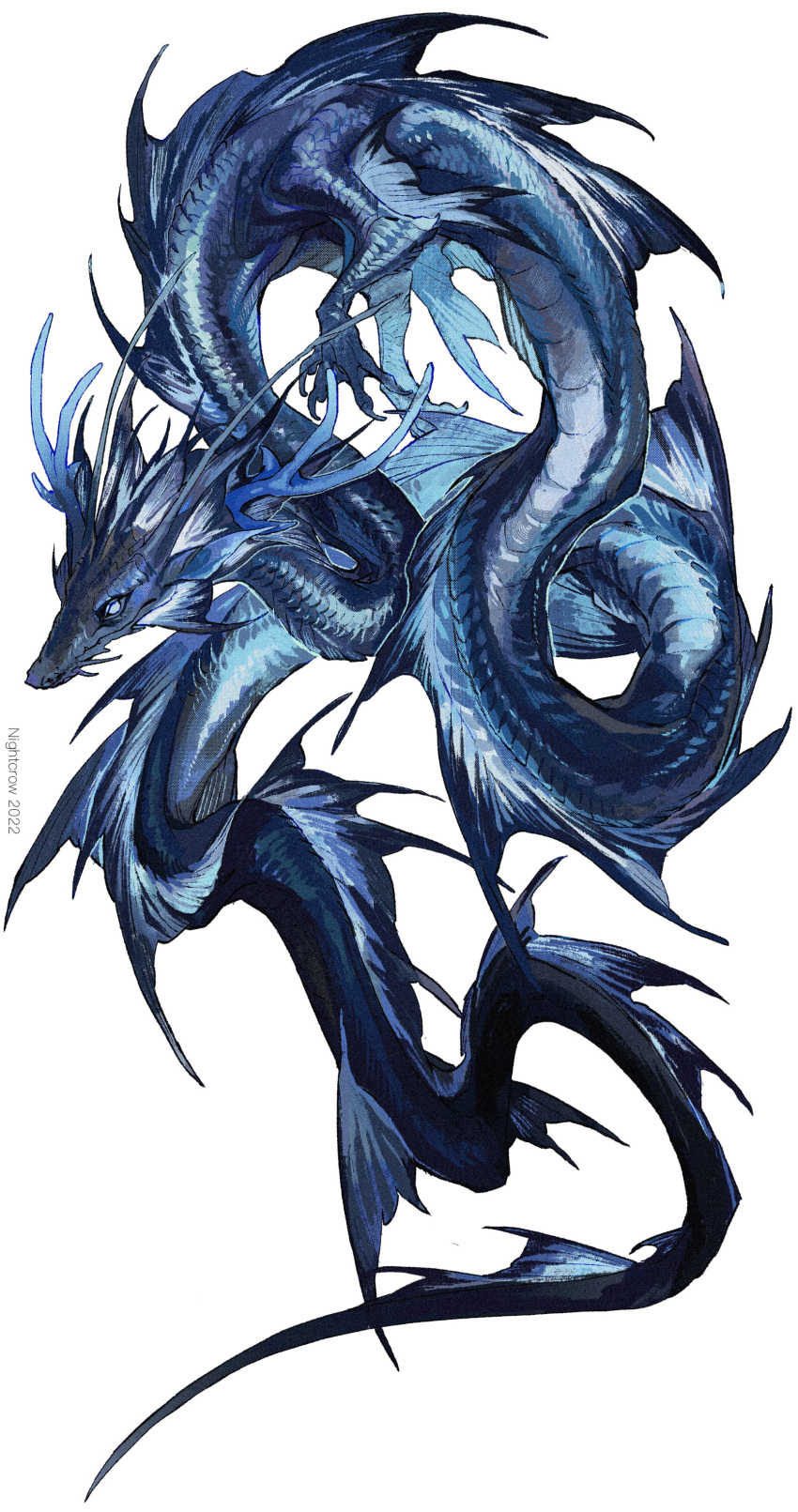 absurdres artist_name blank_eyes blue_outline blue_sclera claws colored_sclera dragon eastern_dragon fins from_side full_body highres horns nightcrow no_humans original outline scales simple_background solo white_background