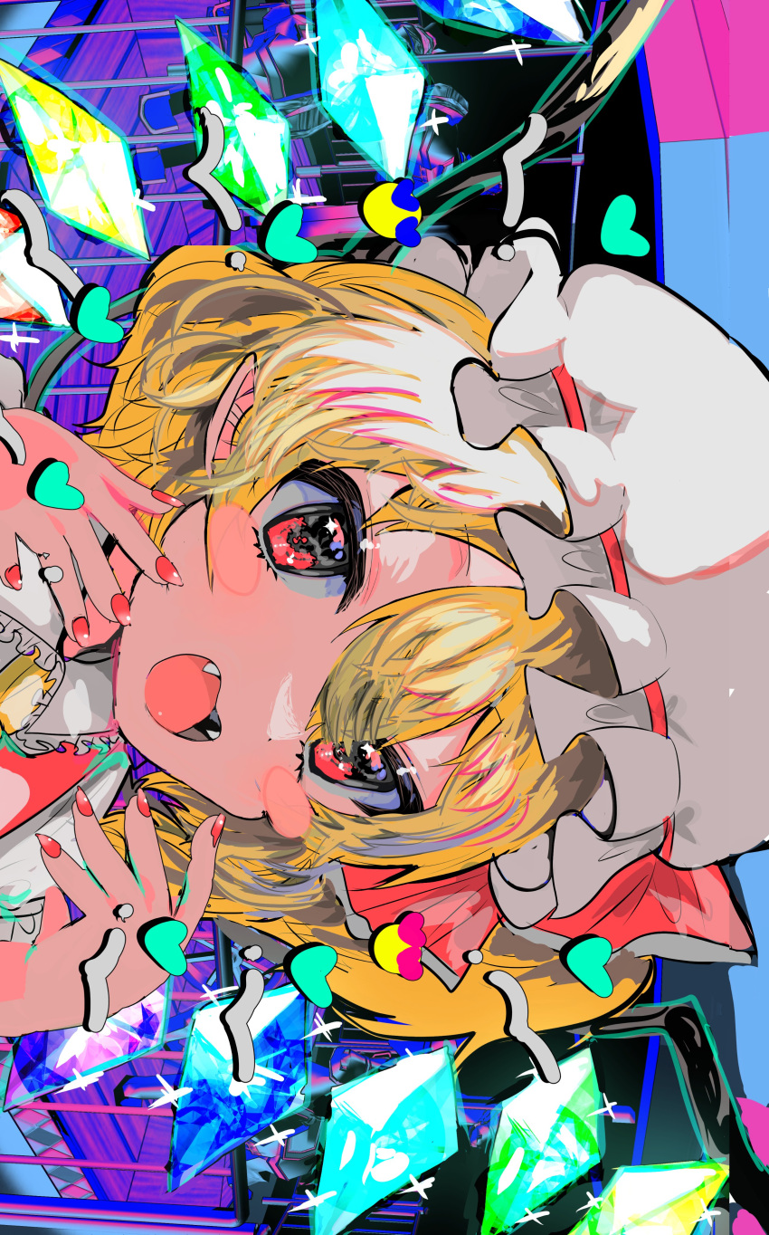 1girl absurdres blonde_hair blush_stickers crystal fangs flandre_scarlet frilled_shirt_collar frills hair_between_eyes hands_up hat hat_ribbon heart highres looking_at_viewer mob_cap momae_makku nail_polish one_side_up open_mouth pointy_ears portrait red_eyes red_nails red_ribbon red_vest ribbon shirt short_hair solo sparkle touhou vest white_headwear white_shirt wings