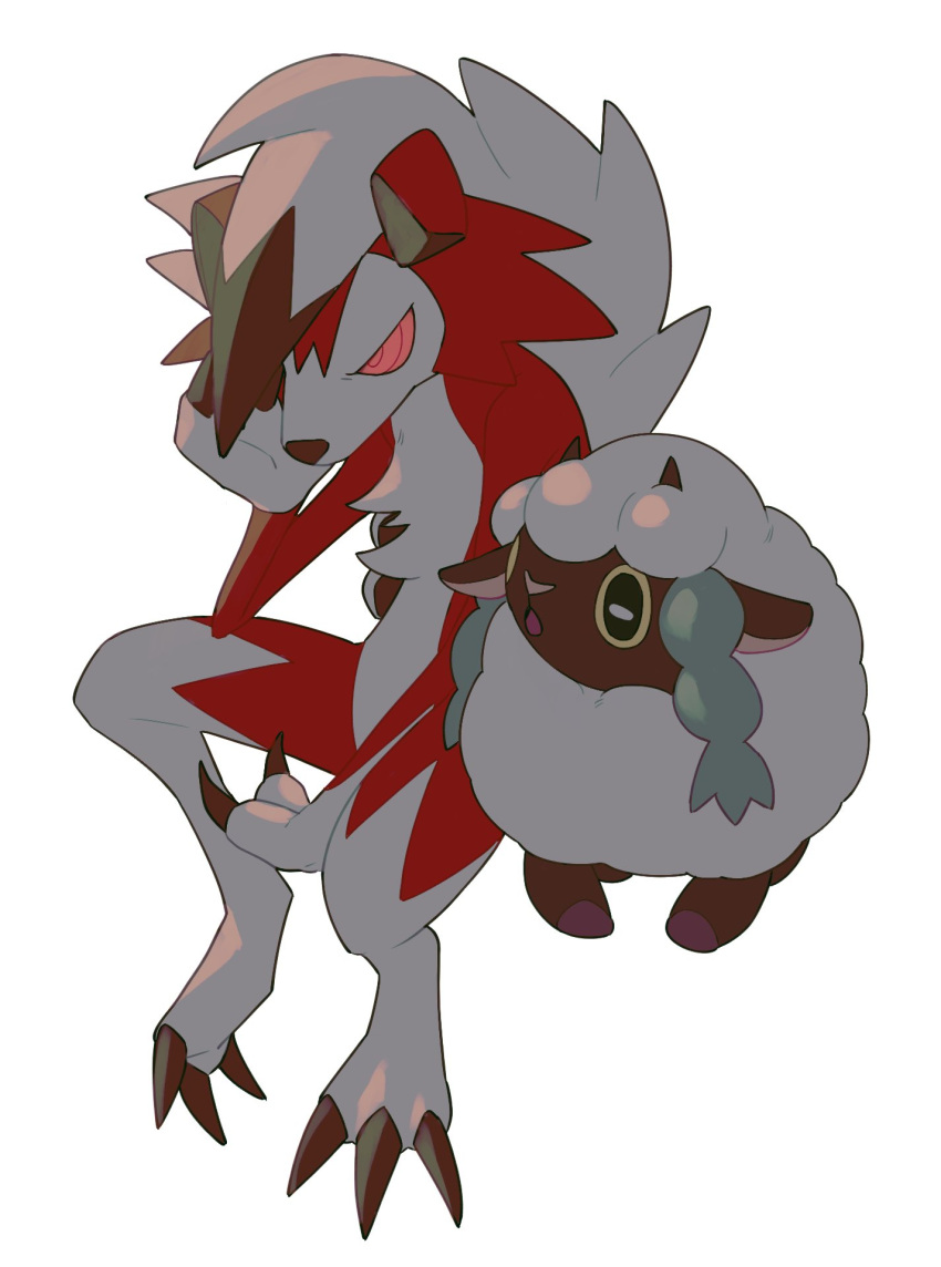 :o claws colored_sclera hand_up highres lycanroc lycanroc_(midnight) no_humans open_mouth pink_eyes pink_pupils pink_sclera pokemon pokemon_(creature) simple_background v_(govvvvw) white_background wooloo