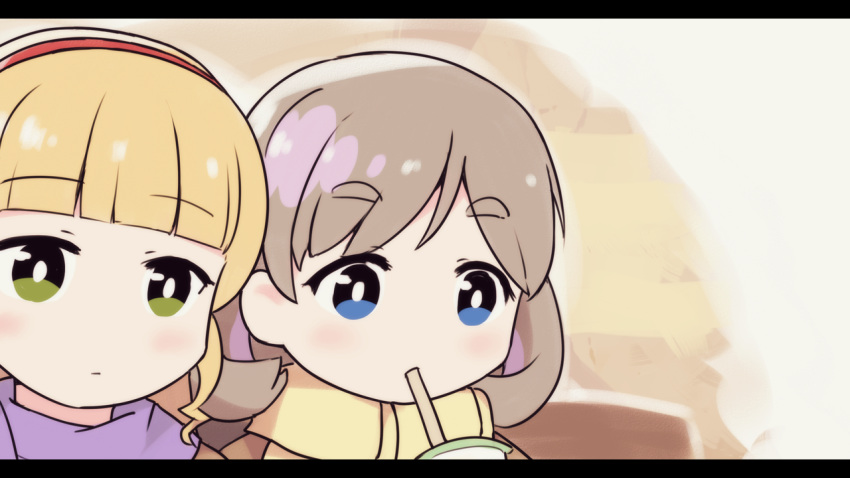 2girls blonde_hair blue_eyes blush brown_hair chibi closed_mouth cup disposable_cup drinking_straw green_eyes heanna_sumire langbazi letterboxed love_live! love_live!_superstar!! multiple_girls purple_scarf scarf short_eyebrows tang_keke thick_eyebrows yellow_scarf