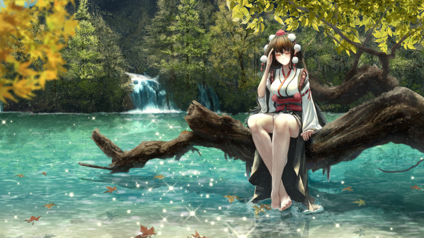 1girl absurdres breasts closed_eyes closed_mouth commentary_request fasnakegod forest hat highres japanese_clothes kourindou_tengu_costume leaf long_sleeves maple_leaf nature obi pointy_ears sash scenery shameimaru_aya short_hair sitting smile soaking_feet solo thigh-highs tokin_hat touhou tree water waterfall white_thighhighs wide_sleeves