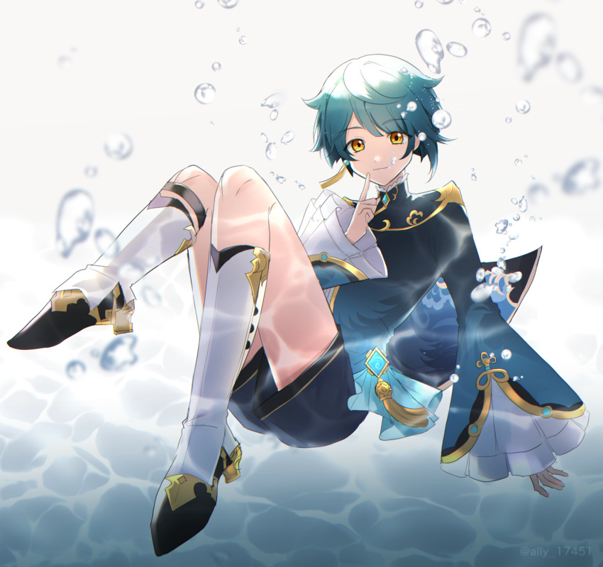 1boy air_bubble ari_(bleum) artist_name asymmetrical_hair bangs blue_coat blue_hair blue_shorts blunt_bangs boots bubble caustics chinese_clothes closed_mouth coat commentary_request earrings frilled_shirt frilled_sleeves frills full_body genshin_impact gold_trim hand_up high_heel_boots high_heels highres index_finger_raised jewelry knees_up long_sleeves looking_at_viewer male_focus shirt short_hair short_shorts shorts sidelocks single_earring smile solo swept_bangs tassel tassel_earrings twitter_username underwater vision_(genshin_impact) water white_background white_footwear white_shirt wide_sleeves xingqiu_(genshin_impact) yellow_eyes