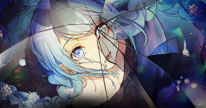 1girl bangs black_dress blue_eyes blue_hair braid broken_glass commentary cracked_glass dress floating_hair flower foreshortening from_above glass hassan_(sink916) hatsune_miku highres light_blue_hair looking_up lower_teeth off-shoulder_dress off_shoulder official_art open_mouth sidelocks solo teeth twin_braids twintails undead_alice_(vocaloid) vocaloid white_flower