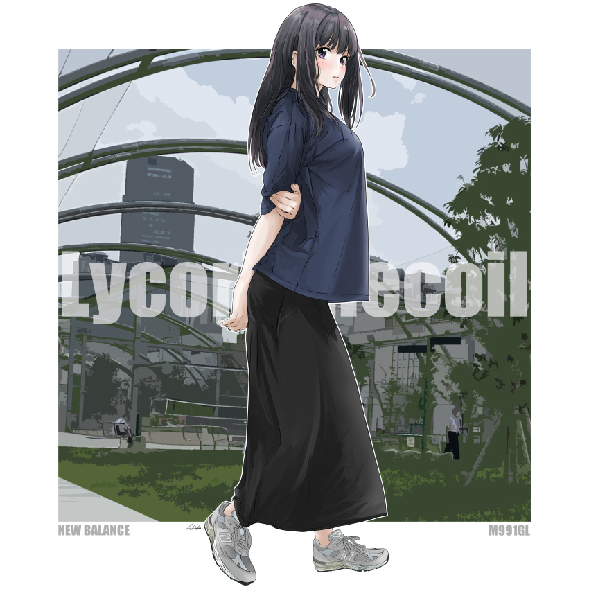 1girl absurdres arms_behind_back bambi_surprise black_hair black_skirt blue_shirt blush closed_mouth commentary_request full_body highres inoue_takina lips long_hair long_skirt looking_at_viewer lycoris_recoil new_balance shirt shoes short_sleeves skirt sneakers solo violet_eyes white_footwear