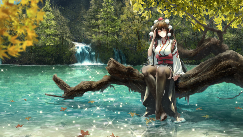 1girl absurdres black_thighhighs breasts closed_eyes closed_mouth commentary_request fasnakegod forest hat highres japanese_clothes kourindou_tengu_costume leaf long_sleeves maple_leaf nature obi pointy_ears sash scenery shameimaru_aya short_hair sitting smile soaking_feet solo thigh-highs tokin_hat touhou tree water waterfall wide_sleeves