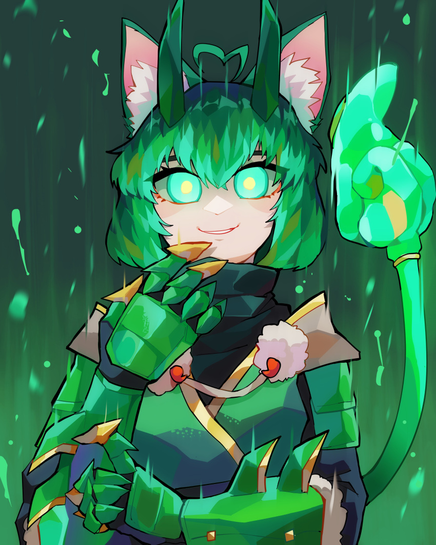 1girl absurdres ahoge animal_ear_fluff cat_girl cat_tail commentary_request diforland gauntlets girl_dm glowing glowing_eyes green_eyes green_hair heart heart_ahoge highres indie_virtual_youtuber smile solo tail upper_body virtual_youtuber