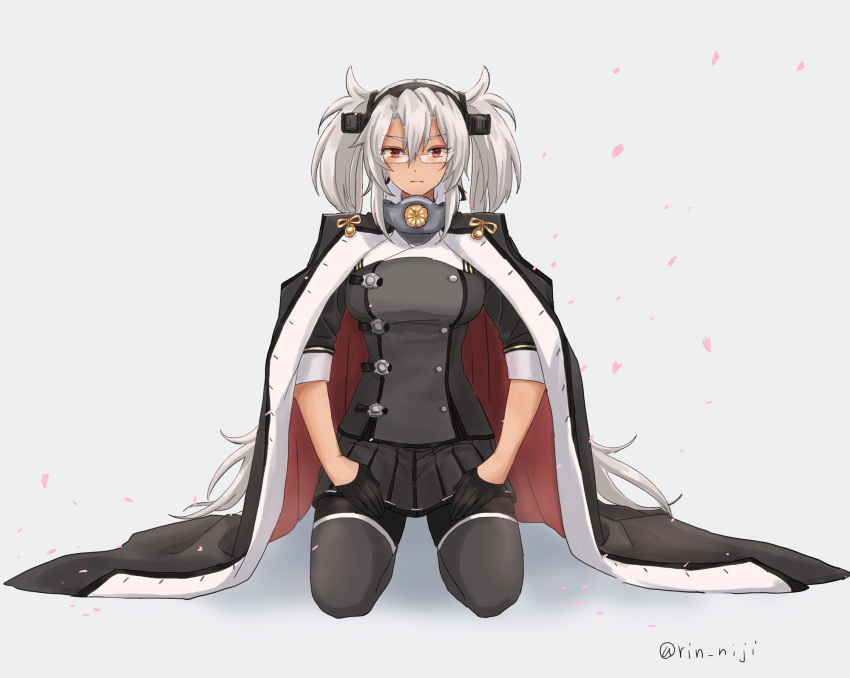1girl bangs black_gloves black_pantyhose breasts closed_mouth coat coat_on_shoulders commentary_request dark-skinned_female dark_skin gloves grey_background grey_hair hair_between_eyes headgear highres jacket kantai_collection large_breasts long_hair looking_at_viewer low_twintails musashi_(kancolle) musashi_kai_ni_(kancolle) pantyhose pleated_skirt red_eyes rin_(rin_niji) sakuramon seiza sidelocks simple_background sitting skirt solo twintails twitter_username very_long_hair