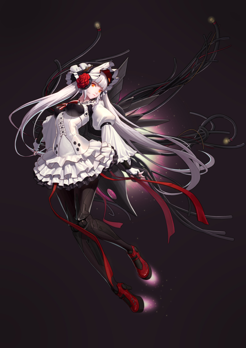 1girl absurdres boots cable closed_mouth cyborg dress dungeon_and_fighter expressionless fingerless_gloves floating gloves highres j_ang long_hair long_sleeves maid maid_headdress mechanical_legs metal_wings silver_luster_tagore solo twintails white_dress white_hair