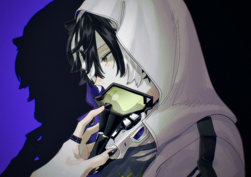 1boy black_hair black_nails fang fingernails from_side grey_shirt hair_between_eyes holding holding_mask holostars hood hood_up hooded_jacket jacket jewelry kageyama_shien looking_ahead mask momiage_40 multicolored_hair official_alternate_costume parted_lips profile purple_background respirator ring shadow sharp_fingernails shirt short_hair solo streaked_hair torn_clothes torn_shirt transparent two-tone_hair upper_body virtual_youtuber white_hair white_jacket yellow_eyes