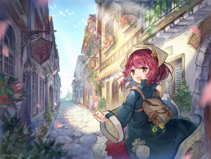 1girl :d atelier_(series) atelier_sophie backpack bag bangs blue_coat brown_eyes cherry_blossoms coat day floating_hair gem green_gemstone long_hair long_skirt looking_at_viewer looking_back open_clothes open_coat open_mouth outdoors red_skirt redhead road skirt smile solo sophie_neuenmuller soriya street sunlight twitter_username yellow_gemstone yellow_headwear