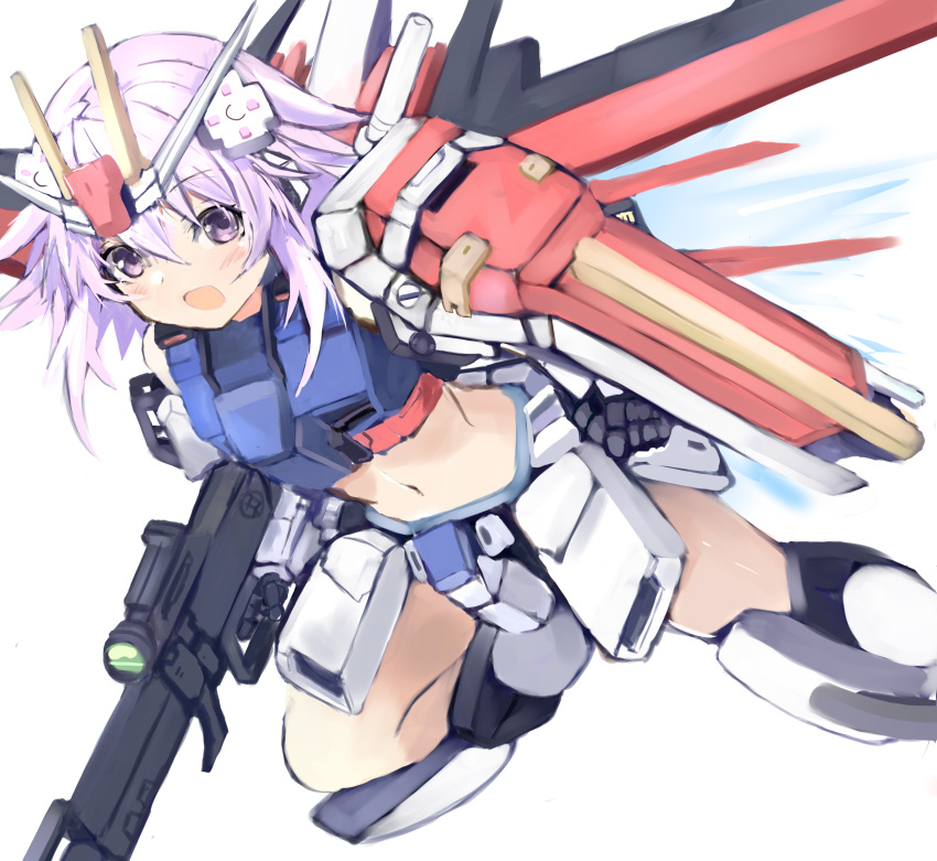 1girl absurdres bimmy d-pad d-pad_hair_ornament energy_gun gun hair_ornament highres holding holding_gun holding_weapon mecha_musume navel neptune_(neptune_series) neptune_(series) open_mouth purple_hair short_hair smile solo strike_gundam violet_eyes weapon