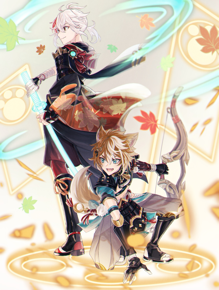2boys :d absurdres animal_ears antenna_hair aqua_eyes armor bandaged_arm bandages bangs black_collar black_footwear black_gloves black_scarf bow_(weapon) brown_hair brown_shorts closed_mouth collar commentary_request crop_top dog_boy dog_ears dog_tail energy energy_sword eyeshadow falling_leaves fang fighting_stance fingerless_gloves full_body genshin_impact gloves gold_trim gorou_(genshin_impact) grey_background grey_pants hair_between_eyes hair_ornament hakama hakama_pants hakama_shorts highres holding holding_bow_(weapon) holding_sword holding_weapon igote japanese_armor japanese_clothes kaedehara_kazuha leaf leaf_print long_sleeves looking_away looking_to_the_side low_ponytail makeup male_focus maple_leaf_print medium_hair midriff mizuamememe multicolored_hair multiple_boys open_mouth pants pantyhose paw_print pom_pom_(clothes) ponytail profile red_eyes red_eyeshadow red_pantyhose redhead rope scarf sheath short_hair short_sleeves shorts shoulder_armor sidelocks slashing smile sode squatting standing stomach streaked_hair sword tail tassel thick_eyebrows two-tone_hair unsheathing v-shaped_eyebrows vambraces vision_(genshin_impact) weapon white_hair wide_sleeves