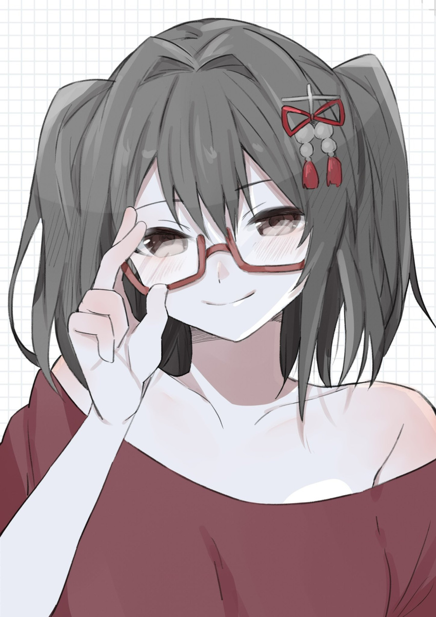 1girl alternate_costume bangs bespectacled brown_eyes glasses grey_hair hair_between_eyes hair_ornament hand_on_eyewear highres kantai_collection looking_at_viewer off_shoulder red-framed_eyewear red_shirt sendai_(kancolle) sendai_kai_ni_(kancolle) shirt simple_background smile solo toriniku_senshi_chikinman twintails two_side_up