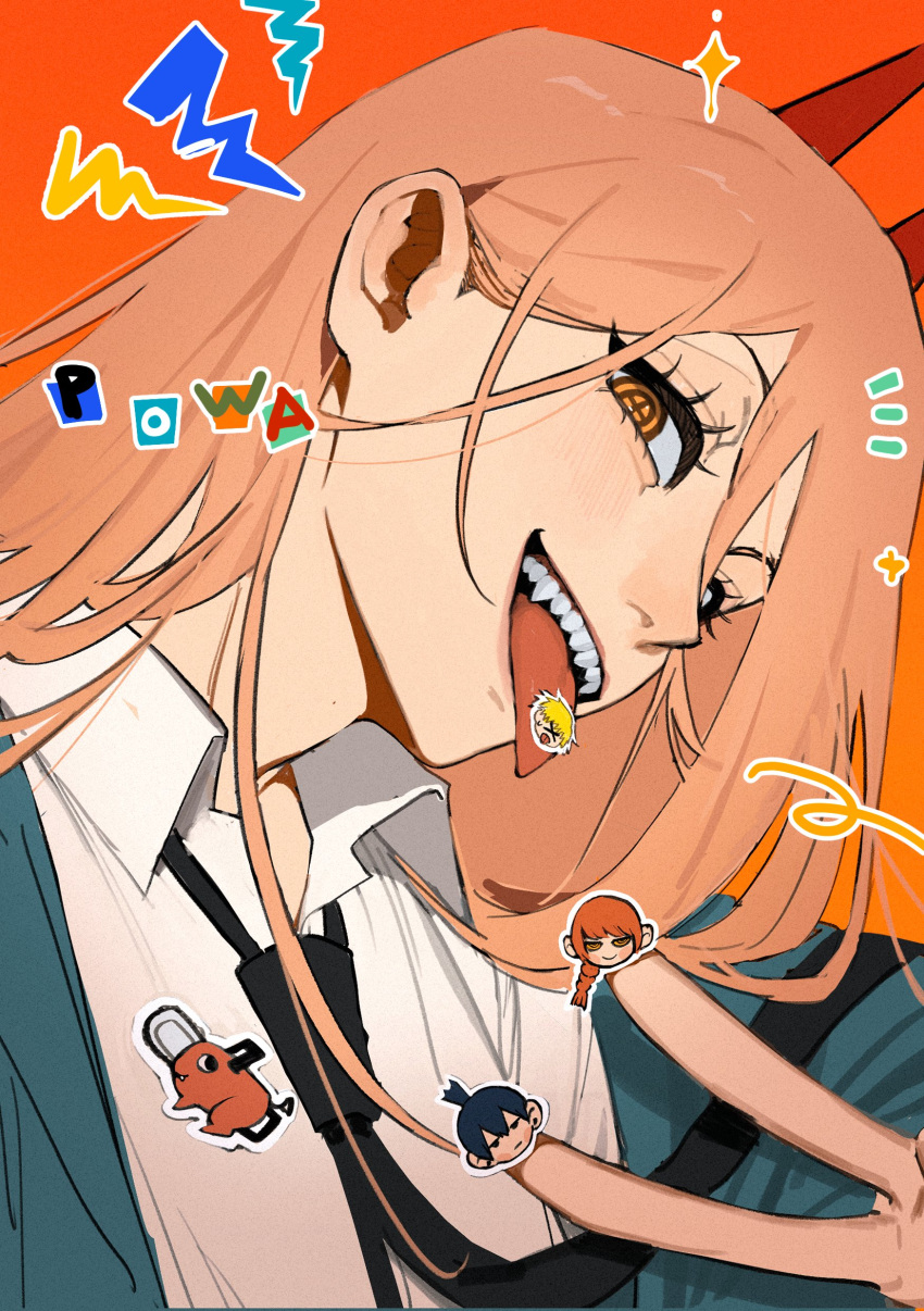 1girl absurdres bangs black_necktie blue_jacket chainsaw_man character_name character_print collared_shirt crosshair_pupils demon_horns denji_(chainsaw_man) from_side hair_between_eyes hand_up hayakawa_aki head_tilt highres horns jacket li_chestnuts long_hair looking_at_viewer makima_(chainsaw_man) necktie notice_lines open_mouth orange_background orange_eyes orange_hair pochita_(chainsaw_man) portrait power_(chainsaw_man) red_horns sharp_teeth shirt simple_background smile solo sparkle sticker symbol-shaped_pupils teeth tongue tongue_out v white_shirt