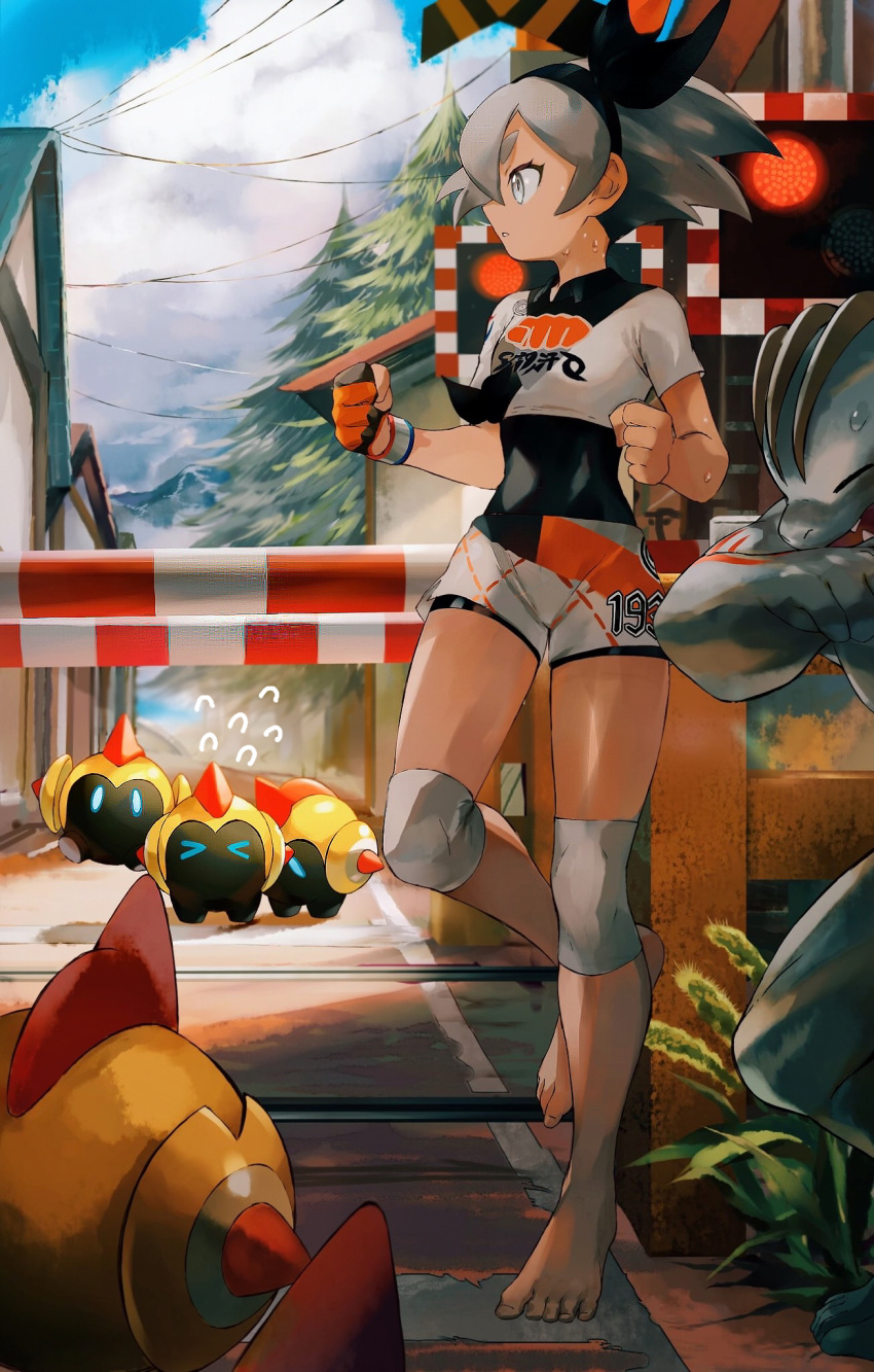 1girl bangs barefoot bea_(pokemon) black_bodysuit black_hairband bodysuit bodysuit_under_clothes bow_hairband clenched_hands closed_mouth collared_shirt falinks full_body gloves grey_eyes grey_hair hair_between_eyes hairband highres knee_pads pokemon pokemon_(game) pokemon_swsh print_shirt print_shorts railroad_crossing railroad_signal railroad_tracks shirt short_hair short_sleeves shorts side_slit side_slit_shorts single_glove toes village