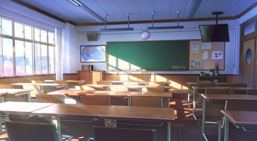 bwsong ceiling_light chair chalkboard cherry_blossoms chinese_commentary classroom clock commentary_request desk door highres indoors map no_humans original plant potted_plant scenery school school_chair school_desk shadow summer sunlight window