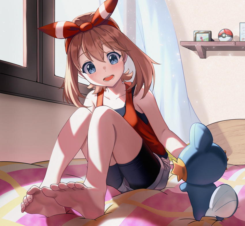 1girl bangs barefoot bed bike_shorts bike_shorts_under_shorts blue_eyes blush bow_hairband brown_hair collarbone coma_(light825) commentary_request commission curtains feet hairband highres indoors legs may_(pokemon) md5_mismatch mudkip on_bed open_mouth pixiv_request poke_ball poke_ball_(basic) pokemon_(creature) pokemon_(game) pokemon_oras shelf shirt shorts sitting sleeveless sleeveless_shirt soles teeth toes tongue window