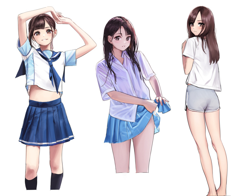 3girls arms_up ass bangs barefoot black_socks blue_neckerchief blue_sailor_collar blue_skirt blunt_bangs brown_eyes brown_hair commentary deadnooodles grey_shorts hands_up highres kneehighs long_hair looking_at_viewer looking_back miniskirt multiple_girls neckerchief original parted_lips pleated_skirt sailor_collar school_uniform shiny shiny_hair shirt short_sleeves shorts simple_background skirt socks symbol-only_commentary teeth wet wet_clothes wet_shirt wet_skirt white_background