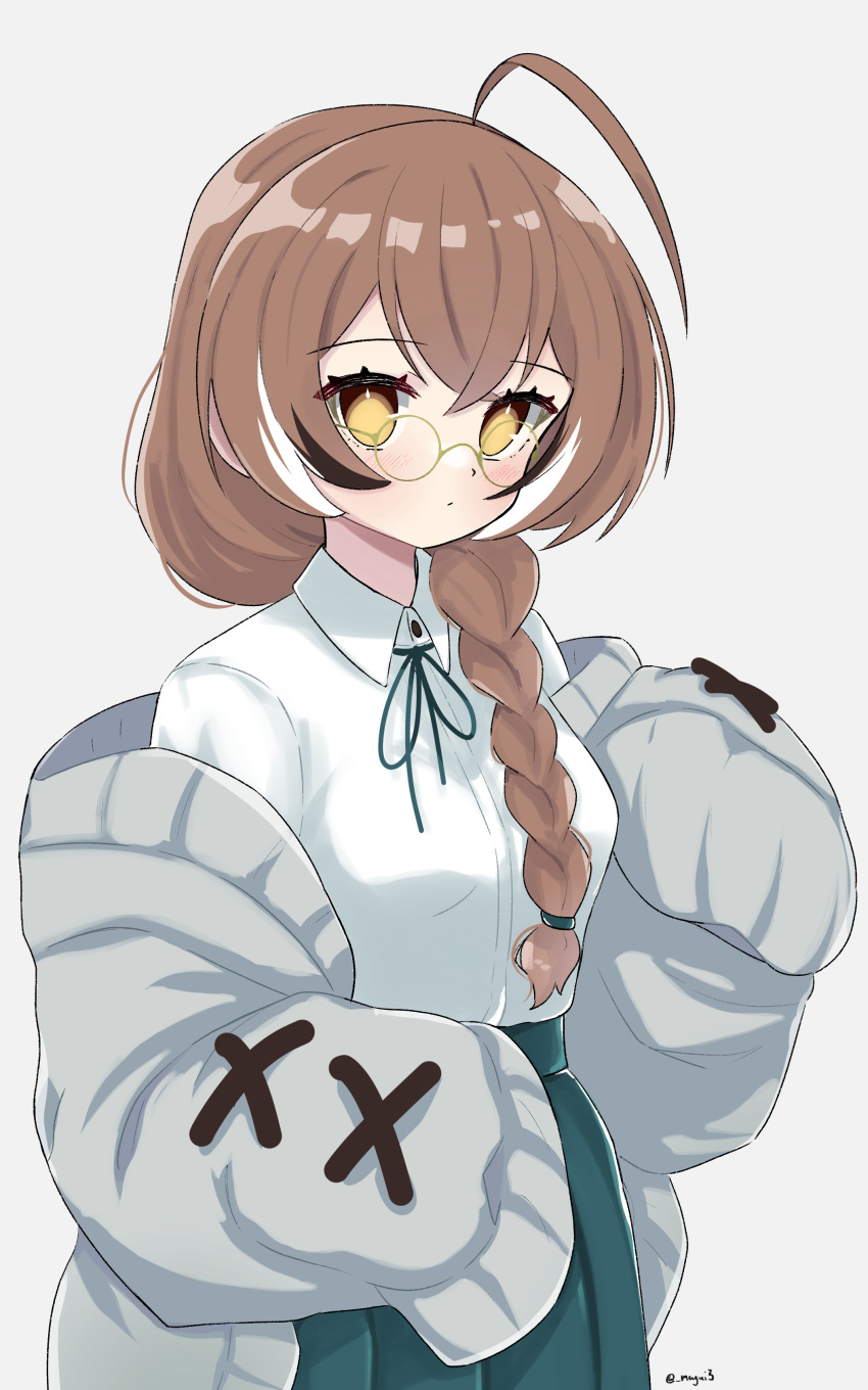 absurdres ahoge bangs bespectacled braid breasts brown_hair closed_mouth coat collared_shirt cowboy_shot crossed_bangs glasses hair_between_eyes hair_over_shoulder highres hololive hololive_english light_blush long_hair looking_at_viewer magui3 medium_breasts nanashi_mumei neck_ribbon open_clothes open_coat ribbon shirt shirt_tucked_in simple_background skirt sleeves_past_fingers sleeves_past_wrists virtual_youtuber white_shirt yellow-framed_eyewear yellow_eyes