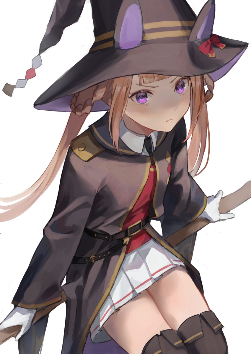 1girl absurdres animal_ears bangs belt boots broom brown_coat brown_footwear brown_hair closed_mouth coat erulusyro hat highres holding holding_broom horse_ears horse_girl long_hair long_sleeves looking_at_viewer orange_hair simple_background skirt solo sweep_tosho_(umamusume) thigh_boots umamusume violet_eyes white_background white_skirt witch witch_hat