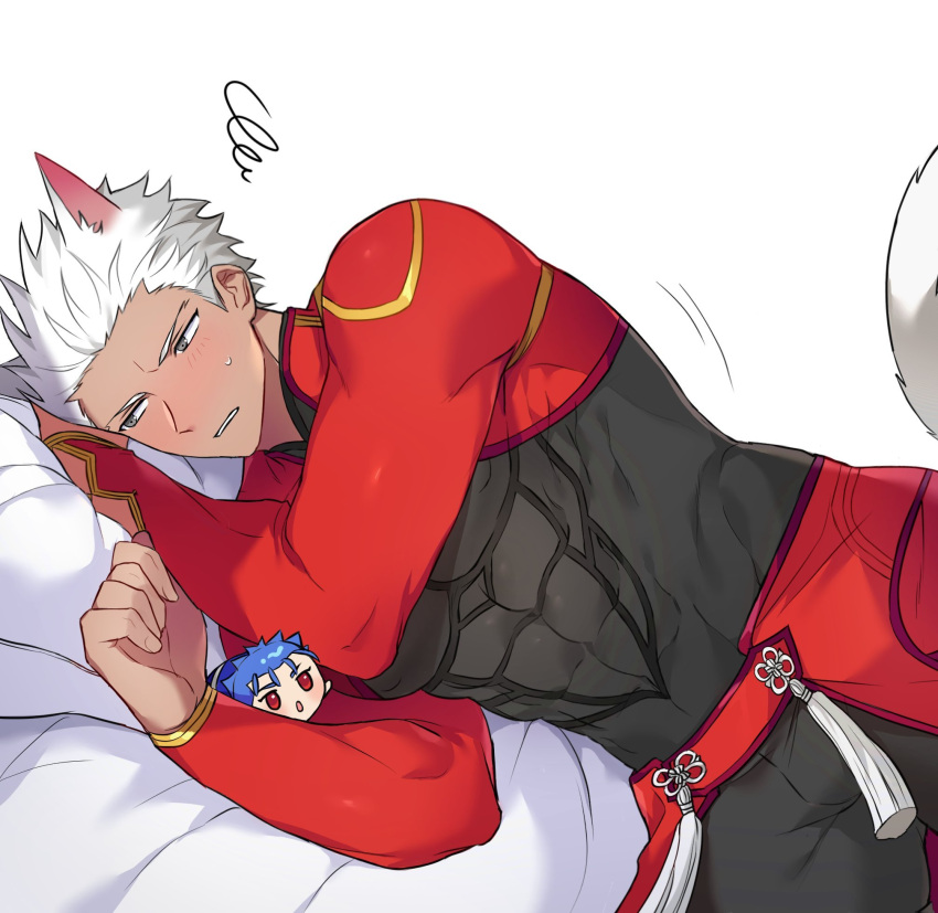 2boys abs animal_ears archer_(fate) archernuna armor bed bed_sheet biceps blush cat_ears cat_tail coat collared_coat compression_shirt cu_chulainn_(fate) dark-skinned_male dark_skin fate/stay_night fate_(series) feet_out_of_frame green_eyes highres looking_to_the_side lying male_focus mature_male multiple_boys muscular muscular_male on_side pectorals short_hair simple_background spiky_hair sweat sweatdrop tail tight white_background white_hair