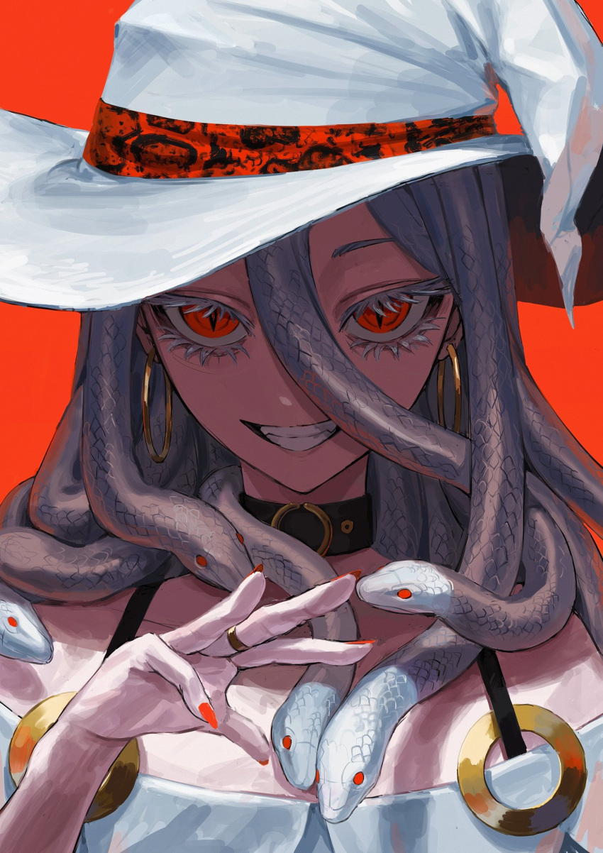 1girl collar earrings eyelashes grin hat highres jewelry long_hair looking_at_viewer original red_background red_eyes red_nails skyn_blue slit_pupils smile snake_hair solo teeth witch_hat
