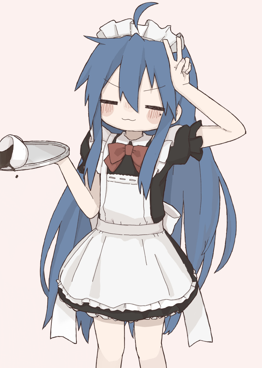1girl :3 ahoge apron arm_up bangs black_dress blue_hair blush bow bowtie closed_eyes closed_mouth coffee coffee_cup collared_dress commentary cup disposable_cup dress dress_bow feet_out_of_frame flat_chest frilled_apron frilled_sleeves frills hair_between_eyes hand_up highres holding holding_tray izumi_konata long_hair lucky_star maid maid_headdress mole mole_under_eye pink_background red_bow red_bowtie short_dress short_sleeves sidelocks simple_background solo spilling standing straight_hair symbol-only_commentary tray underskirt v-shaped_eyebrows v_over_eye very_long_hair white_apron white_bow yuki53902