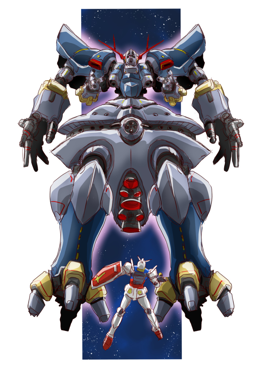 big_zam extra_arms fusion gundam highres holding holding_shield looking_down mecha mobile_armor mobile_suit mobile_suit_gundam one-eyed open_hands pink_eyes robot rx-78-2 science_fiction shield space taiga_hiroyuki v-fin zeong
