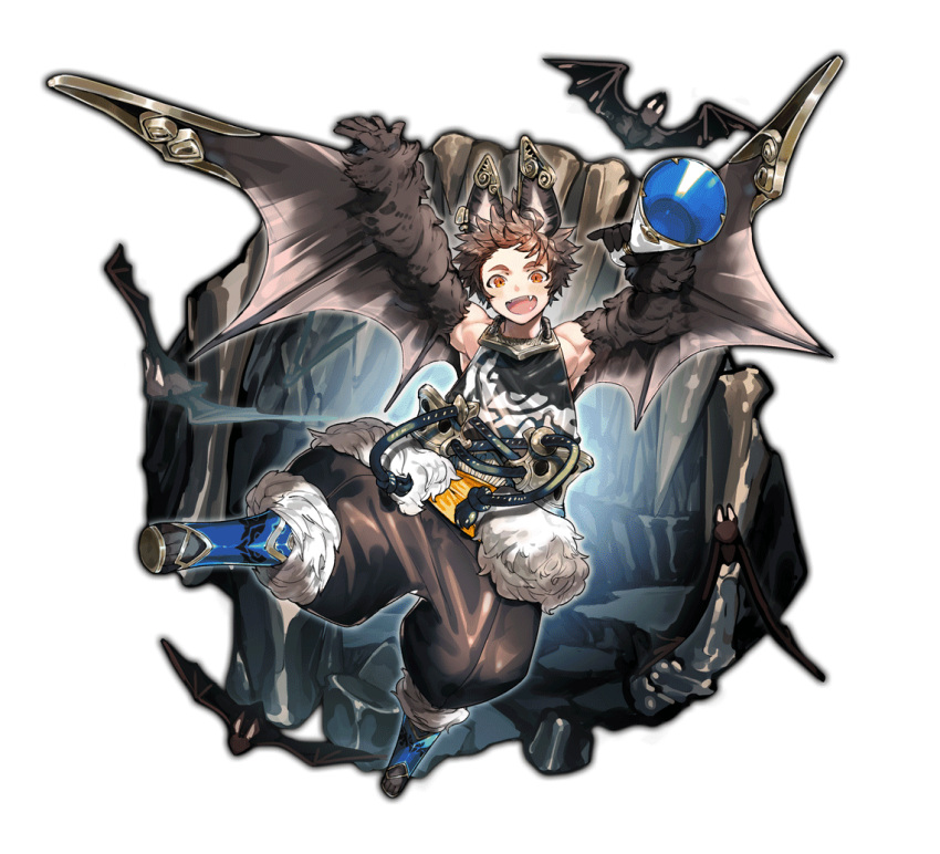 1boy animal animal_ears arms_up aynoh baggy_pants bat_(animal) bat_boy bat_ears bat_wings blue_footwear brown_fur brown_hair brown_pants brown_wings cave ear_covers fangs flying full_body fur-trimmed_pants fur_trim holding holding_megaphone leg_up looking_at_viewer male_focus megaphone monster_boy open_mouth orange_eyes original outstretched_arms pants short_hair sleeveless solo winged_arms wings