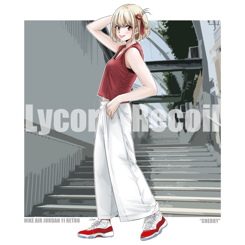 1girl absurdres air_jordan_11_retro arm_up bambi_surprise bare_shoulders blonde_hair blush closed_mouth commentary_request full_body hair_ornament highres lips lycoris_recoil midriff_peek nishikigi_chisato panties red_eyes red_shirt shirt shoes short_hair sleeveless sleeveless_shirt smile sneakers solo two-tone_footwear underwear white_panties