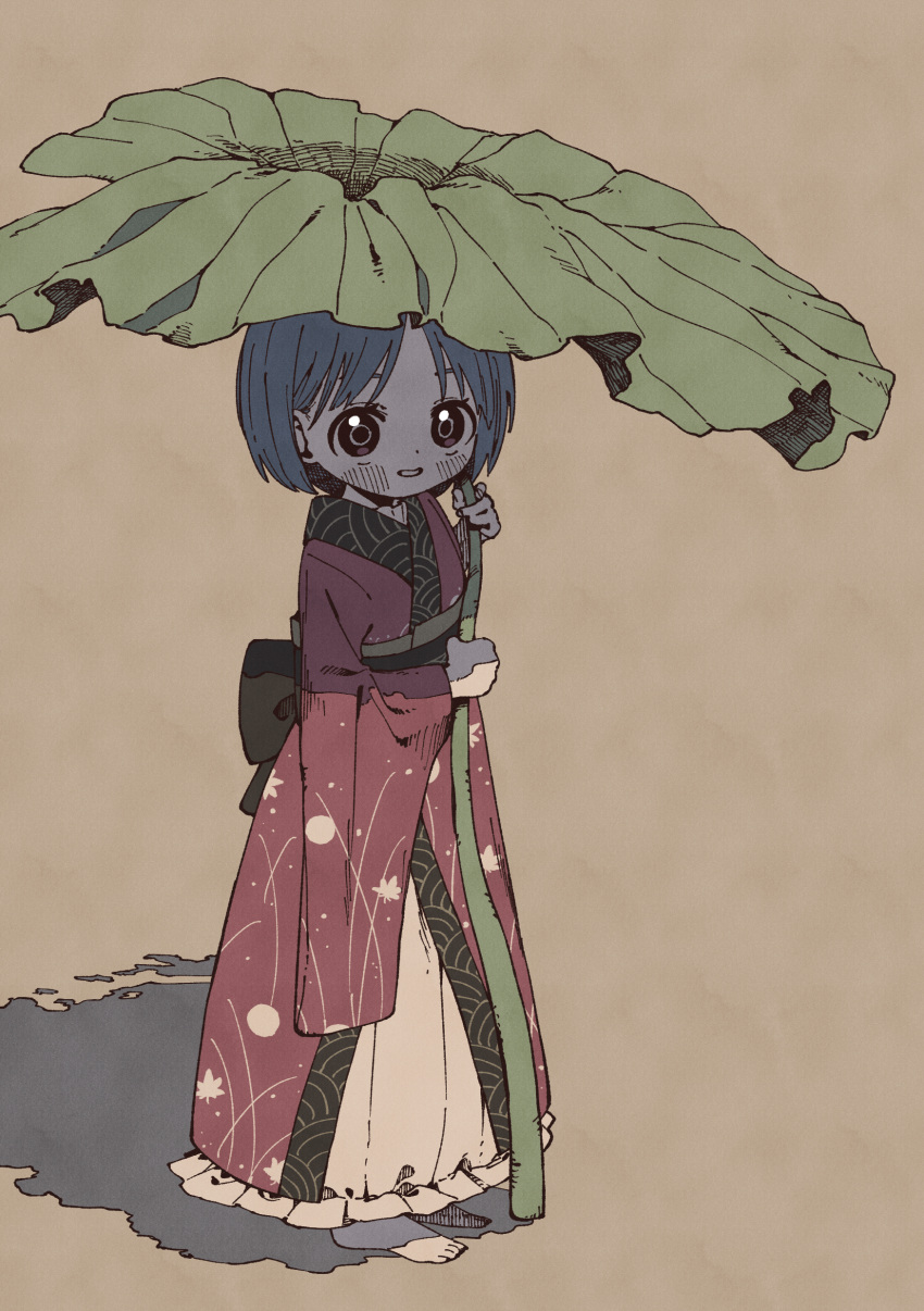 1girl absurdres back_bow barefoot black_bow blush bow brown_background butterbur commentary eyebrows_hidden_by_hair full_body highres holding holding_leaf japanese_clothes kimono leaf leaf_umbrella long_sleeves looking_at_viewer minigirl nama_udon parted_lips purple_hair purple_kimono red_eyes short_hair simple_background smile solo standing sukuna_shinmyoumaru touhou wide_sleeves