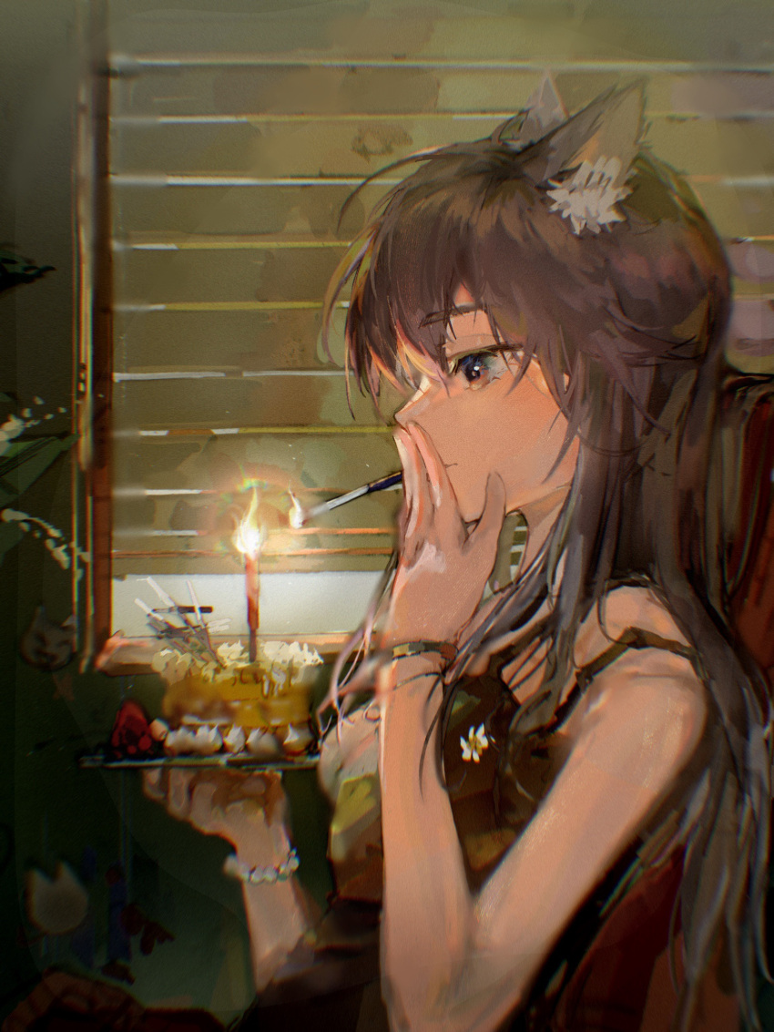 1girl abulb animal_ear_fluff animal_ears arknights black_hair black_tank_top blinds bracelet brown_eyes cake cigarette food from_side hands_up highres holding holding_plate indoors jewelry lit_candle long_hair plate procreate_(medium) profile sitting smoking solo tank_top texas_(arknights) upper_body window wolf_ears wolf_girl