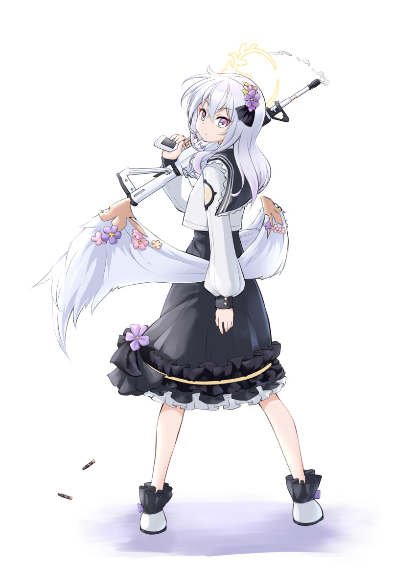 1girl amatsuji azusa_(blue_archive) blue_archive blush commentary_request floral_background flower grey_eyes hair_between_eyes hair_flower hair_ornament halo highres jiwon_(sj1) long_hair rose school_uniform skirt skirt_hold smile solo weapon white_background white_hair wings