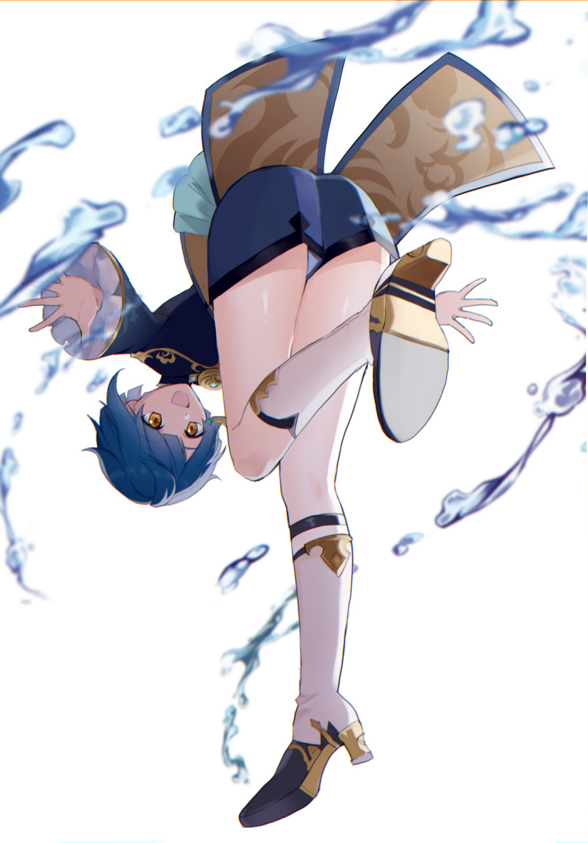 1boy :d ari_(bleum) asymmetrical_hair bangs bent_over blue_coat blue_hair blue_shorts blunt_bangs boots chinese_clothes coat commentary_request earrings frilled_sleeves frills full_body genshin_impact gold_trim high_heel_boots high_heels highres jewelry long_sleeves looking_at_viewer looking_back male_focus open_mouth parted_bangs shirt short_shorts shorts sidelocks single_earring smile solo tassel tassel_earrings thighs water water_drop white_background white_footwear white_shirt wide_sleeves xingqiu_(genshin_impact) yellow_eyes