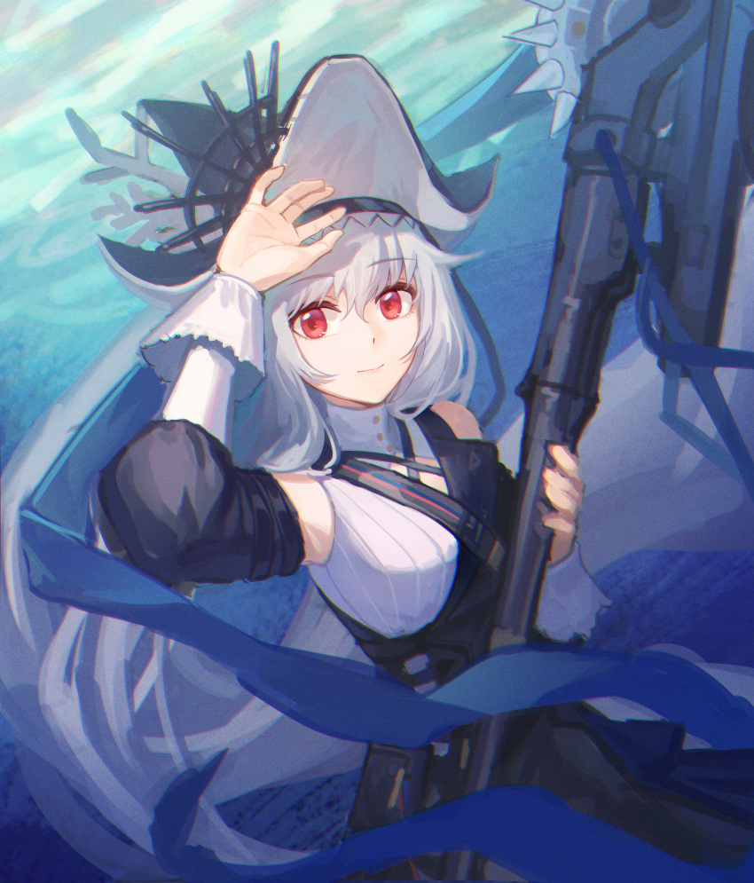 1girl absurdres arknights arm_up bangs black_dress black_headwear breasts closed_mouth commentary_request dress grey_hair hat highres holding holding_weapon long_hair long_sleeves looking_at_viewer medium_breasts red_eyes smile solo specter_(arknights) specter_the_unchained_(arknights) very_long_hair weapon yidie