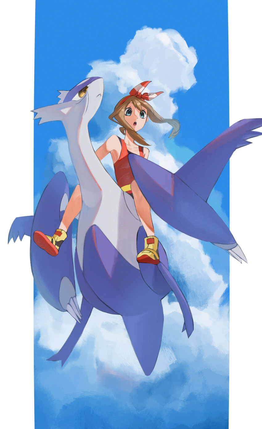 1girl :o absurdres bangs belt blue_eyes bow_hairband brown_hair claws clouds commentary_request day from_below hairband highres horezai latias may_(pokemon) medium_hair mega_latias mega_pokemon outdoors pillarboxed pokemon pokemon_(creature) pokemon_(game) pokemon_oras riding riding_pokemon shirt shoes sky sleeveless sleeveless_shirt yellow_footwear