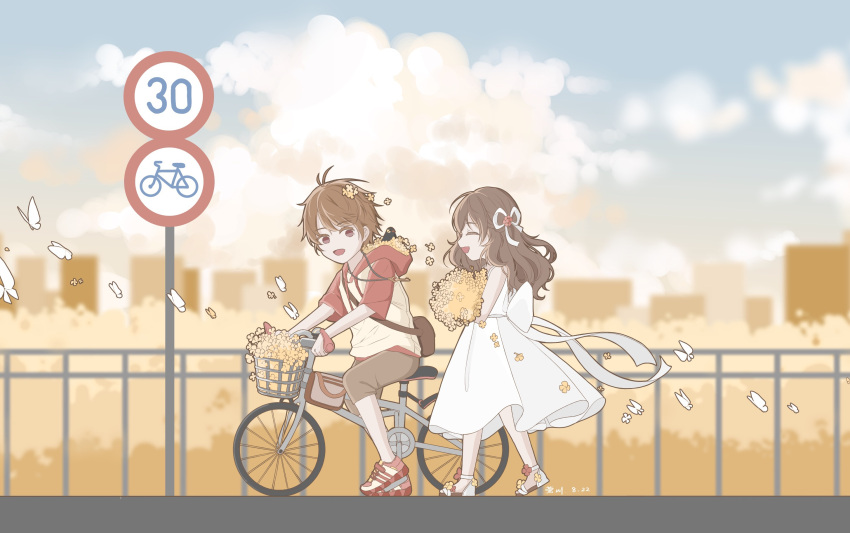 1boy 1girl :d bangs bare_shoulders bicycle blue_sky bow brown_eyes brown_hair brown_shorts closed_eyes clouds cloudy_sky dress flower full_body ground_vehicle hair_bow highres holding holding_flower hood hoodie long_hair luke_pearce_(tears_of_themis) open_mouth outdoors riding riding_bicycle road_sign rosa_(tears_of_themis) short_hair short_sleeves shorts sign sky sleeveless sleeveless_dress smile sundress tears_of_themis walking white_dress white_hoodie yellow_flower yingchuan981 younger