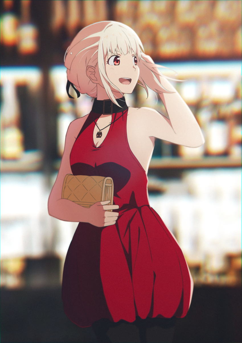 1girl absurdres arm_up bag black_collar black_pantyhose black_ribbon blonde_hair collar commentary_request dress hair_ribbon handbag highres holding holding_bag jewelry looking_afar lycoris_recoil necklace nishikigi_chisato official_alternate_costume open_mouth pantyhose red_dress red_eyes ribbon short_hair sleeveless sleeveless_dress smile solo taka-chan upper_body