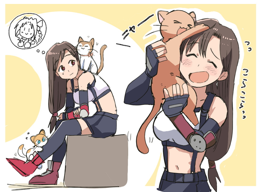 aerith_gainsborough animal bare_shoulders black_skirt black_thighhighs blush breasts brown_eyes brown_hair cat closed_eyes crop_top earrings elbow_gloves final_fantasy final_fantasy_vii final_fantasy_vii_remake fingerless_gloves full_body gloves hair_between_eyes holding holding_animal holding_cat jewelry leaning_forward long_hair low-tied_long_hair medium_breasts midriff navel neck_ribbon open_mouth red_footwear ribbon shirt sitting sitting_on_shoulder skirt smile sweatdrop thigh-highs thought_bubble tifa_lockhart tsubobot upper_body white_shirt yellow_background