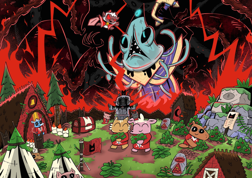 battle bell berry blue_eyes building bush candle cape chest_(furniture) cult_of_the_lamb evil_smile farming fence flag goat_horns grass highres holding holding_sword holding_weapon horns house jingle_bell kallamar_(cult_of_the_lamb) lantern lightning looking_at_another monster open_mouth outhouse praying purple_robe ratau_(cult_of_the_lamb) red_cape red_eyes red_robe robe sharp_teeth sign smile statue sword takoman_art teeth tent tentacles the_lamb_(cult_of_the_lamb) tree village weapon wooden_lantern