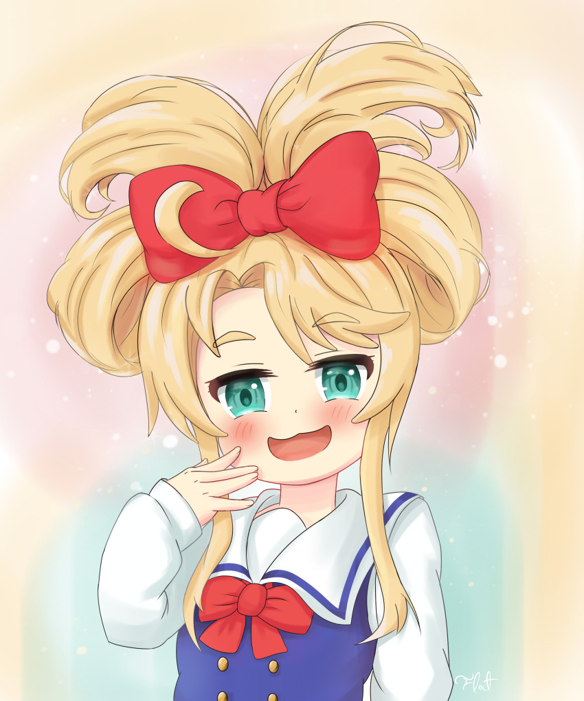 1girl absurdres blonde_hair bow child cinnamoroll flatculture green_eyes half-closed_eyes hand_on_own_face highres himesaka_noa loli looking_at_viewer open_mouth portrait red_bow smile smug twintails uniform watashi_ni_tenshi_ga_maiorita!